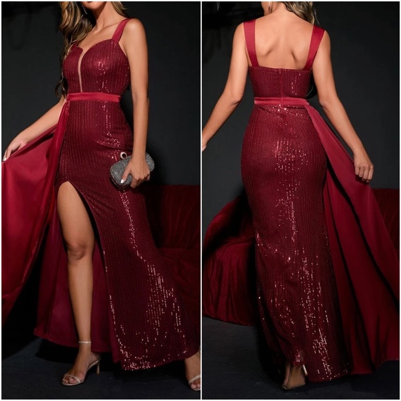 Luxe Champagne Sequins slit Thigh Formal Wedding Maxi Dress - Picture 3 of 8